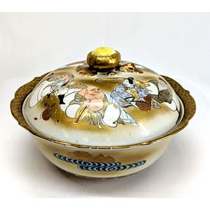 Japanese Kutani Lidded Rice Bowl Vintage Porcelain Seven Lucky Gods